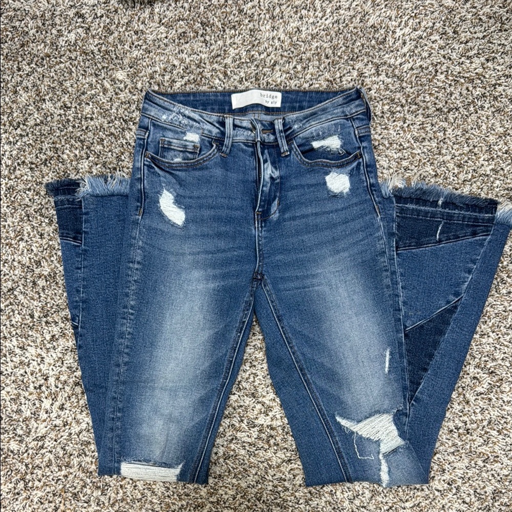 Bridge By Gly Women's Dark Blue Distressed Flare Jeans